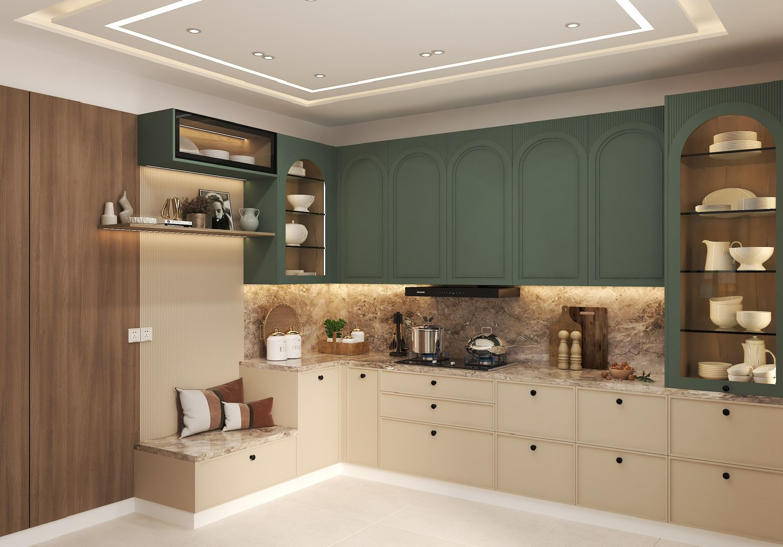 Sage & Cream L-Shaped Kitchen, Kanpur